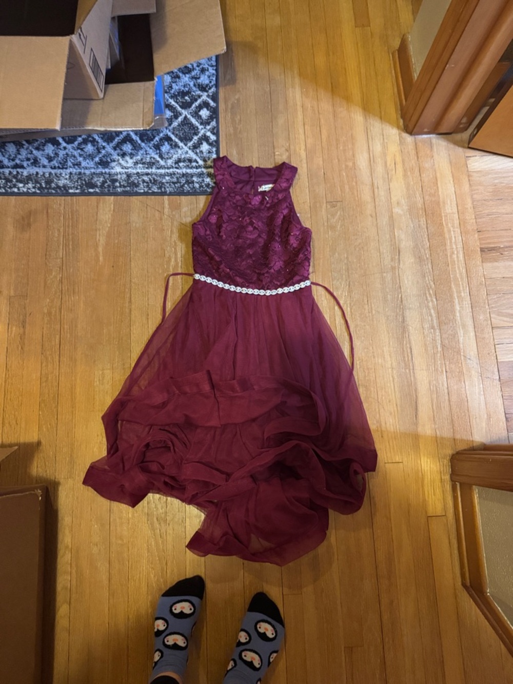 Girls' Burgundy Lace & Tulle Party Dress with Jeweled Waist
